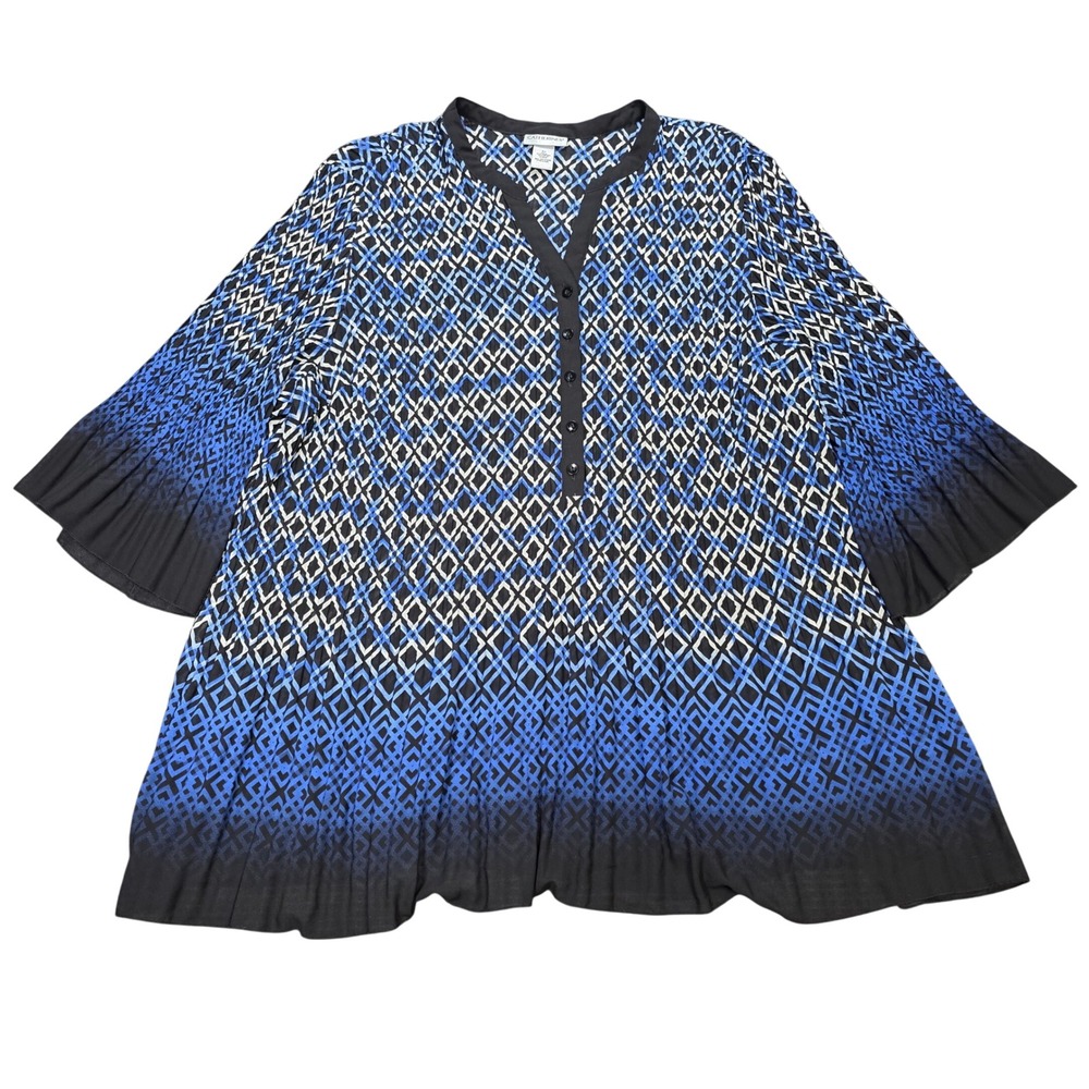 Catherines Tunic Blouse Womens 5X Blue Black Geometric Ombre Pleated Bell Sleeve